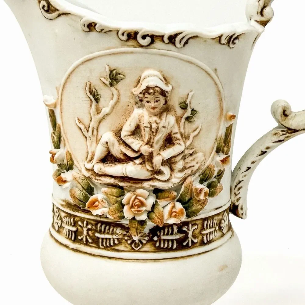 Vintage Lefton Porcelain Ewer Pitcher Applied Roses Figural Victorian Decor